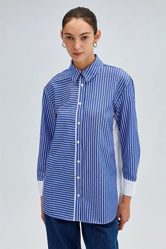 Çizgili Relax Gömlek-Sax Mavi