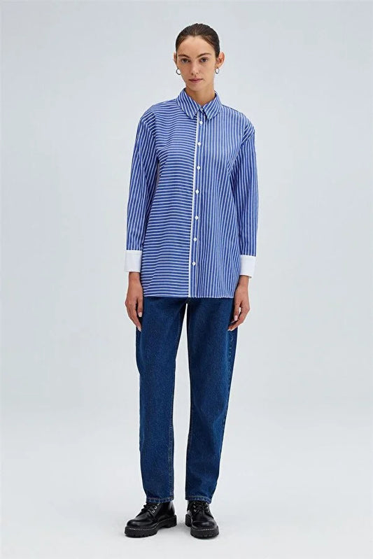 Çizgili Relax Gömlek-Sax Mavi