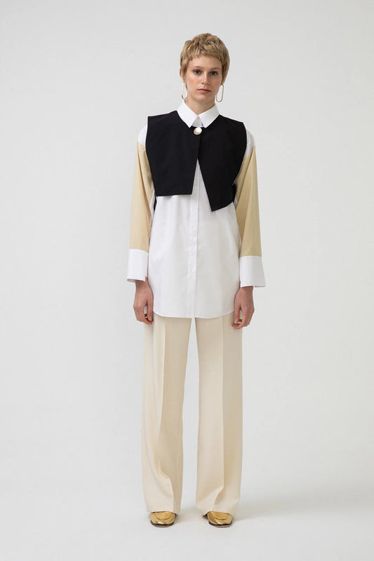 TOUCHÉ - Dames Trendy Wit Overhemd met Zwarte Kraag en Vest Detail