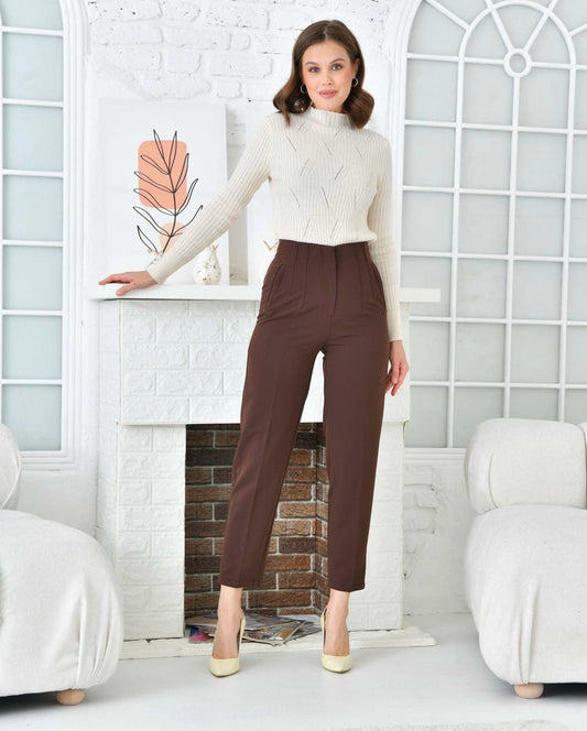 Stevige Slanke Dames Broek Met Hoge Taille - Bruin