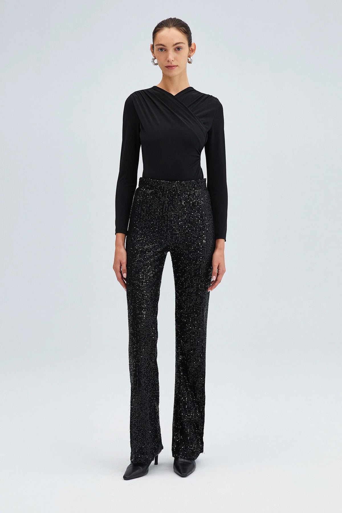 TOUCHÉ - Dames Gedrapeerde Bodysuit Top met Lange Mouwen - Zwart, Wit