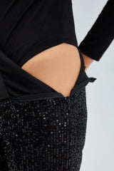 TOUCHÉ - Dames Gedrapeerde Bodysuit Top met Lange Mouwen - Zwart, Wit