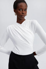 TOUCHÉ - Dames Gedrapeerde Bodysuit Top met Lange Mouwen - Zwart, Wit