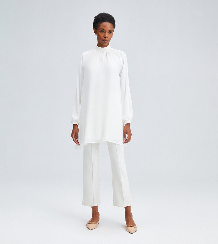 TOUCHÉ - Tuniek met Hoge Kraag en  Lange Mouwen - Elegante Witte Chiffon Blouse dames